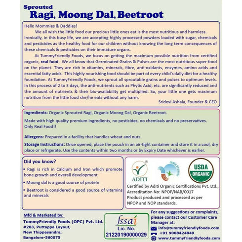 TummyFriendly Foods Organic Sprouted Ragi | Moong Dal | Beetroot Porridge Mix